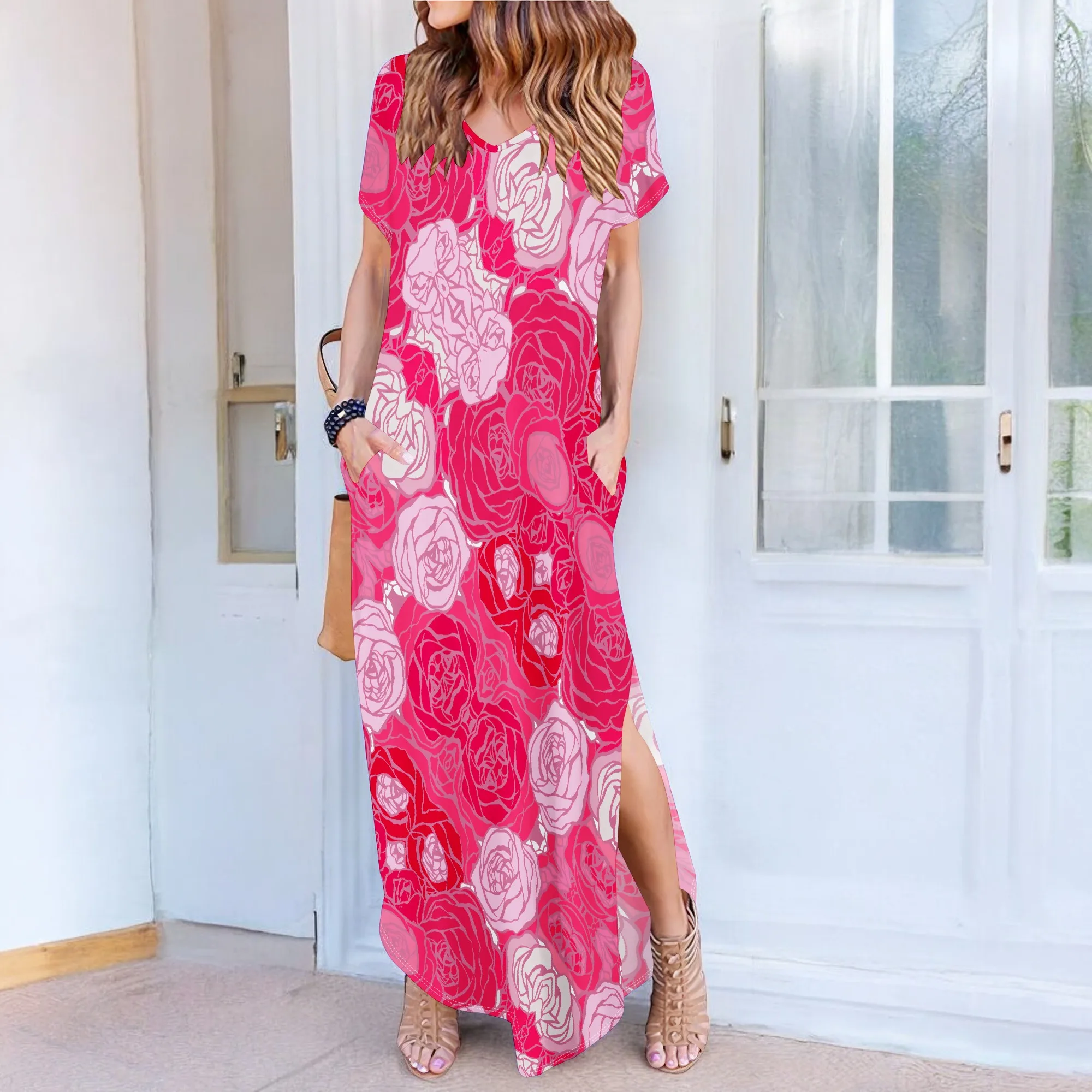

Women Casual Short Sleeve Dress Loose Long Double Pocket Beach Vacation Dress Plus size women's dress