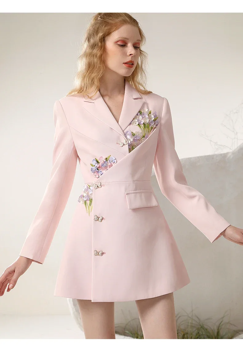 Socialite Business Temperament Suit Dress Autumn New 3D Flowers Special-Interest Commuting Irregular Sweet Pink Dress for Women