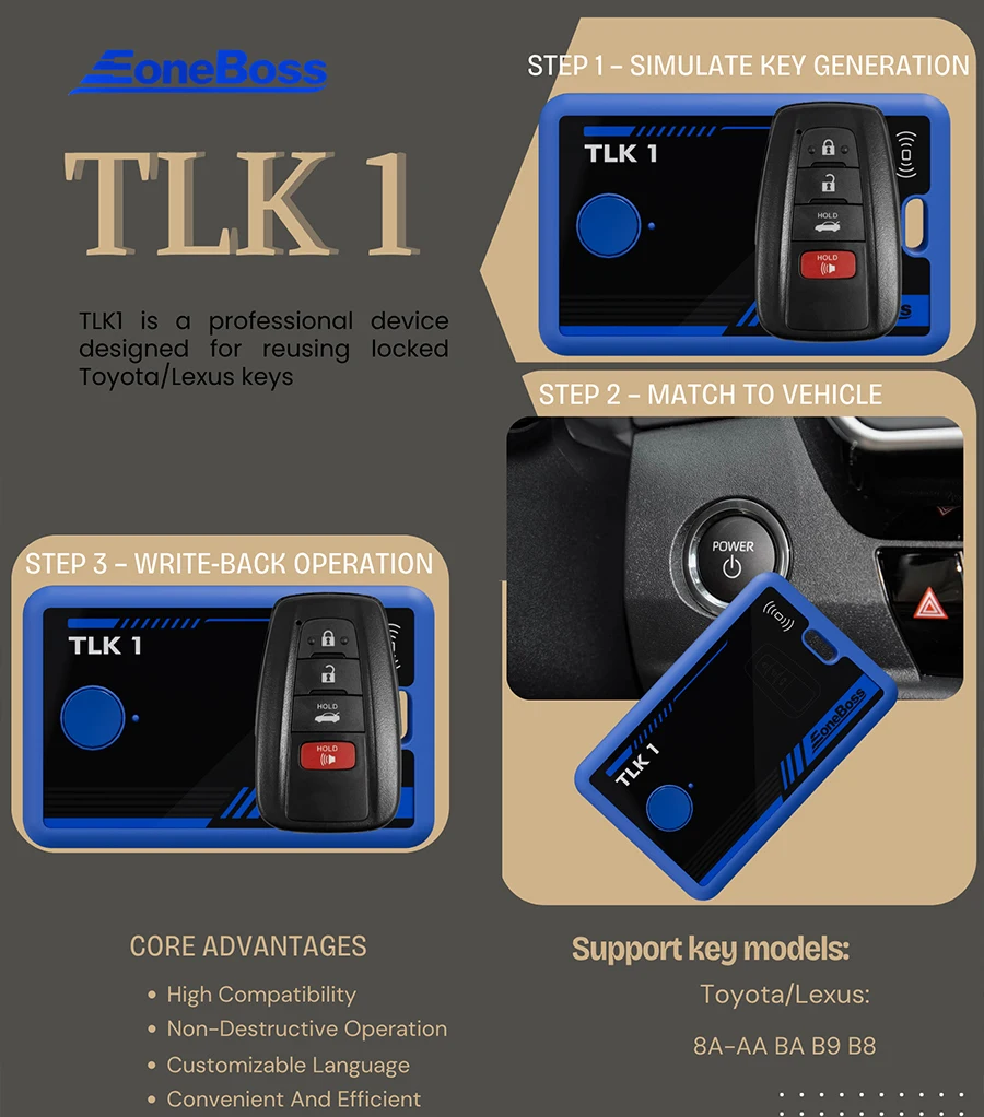 KeyChip Pro EoneBoss TLK1 Device For Reusing Locked Toyota / Lexus Keys 8A-AA BA B9 B8