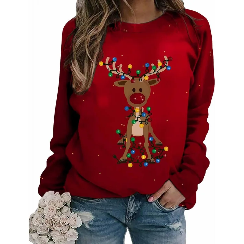 

Women's Christmas sweatshirt reindeer snowflake round neck long sleeved plus size top