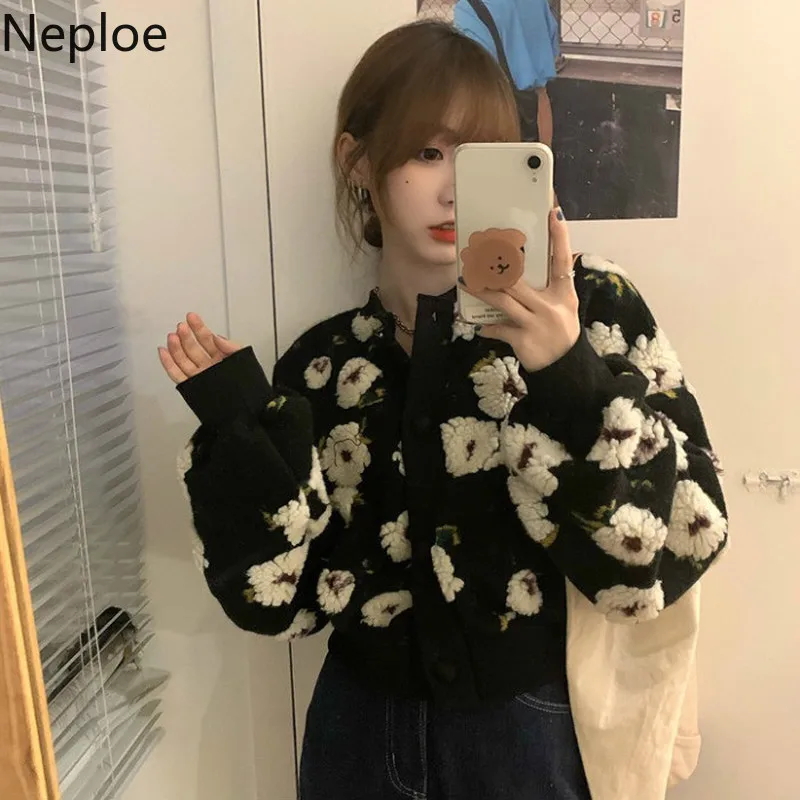 Neploe Flower Jackets for Women Crop Coat Winter Clothes Woman Ropa Mujer Long Sleeve Jacket Korean Fashion Embroidery Coats