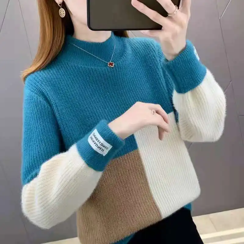 Femmes chandails et pulls 2025 nouveau automne hiver couleur bloquant tricoté pull décontracté élégant épaissir pull à col roulé