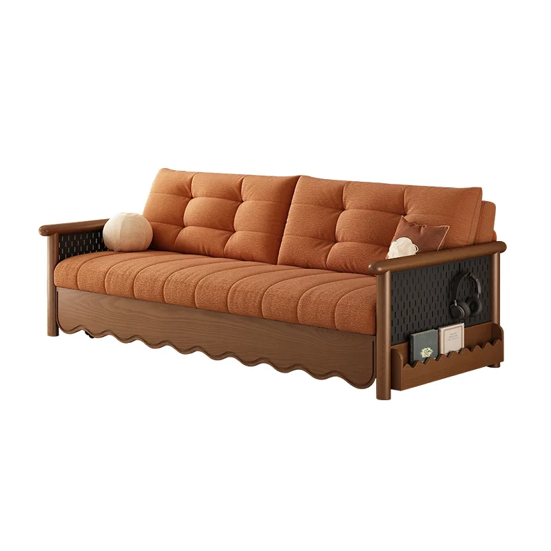 Ash wood sofa bed Solid wood telescopic bed Double pull-out multi-functional folding dual-purpose medieval household sofa