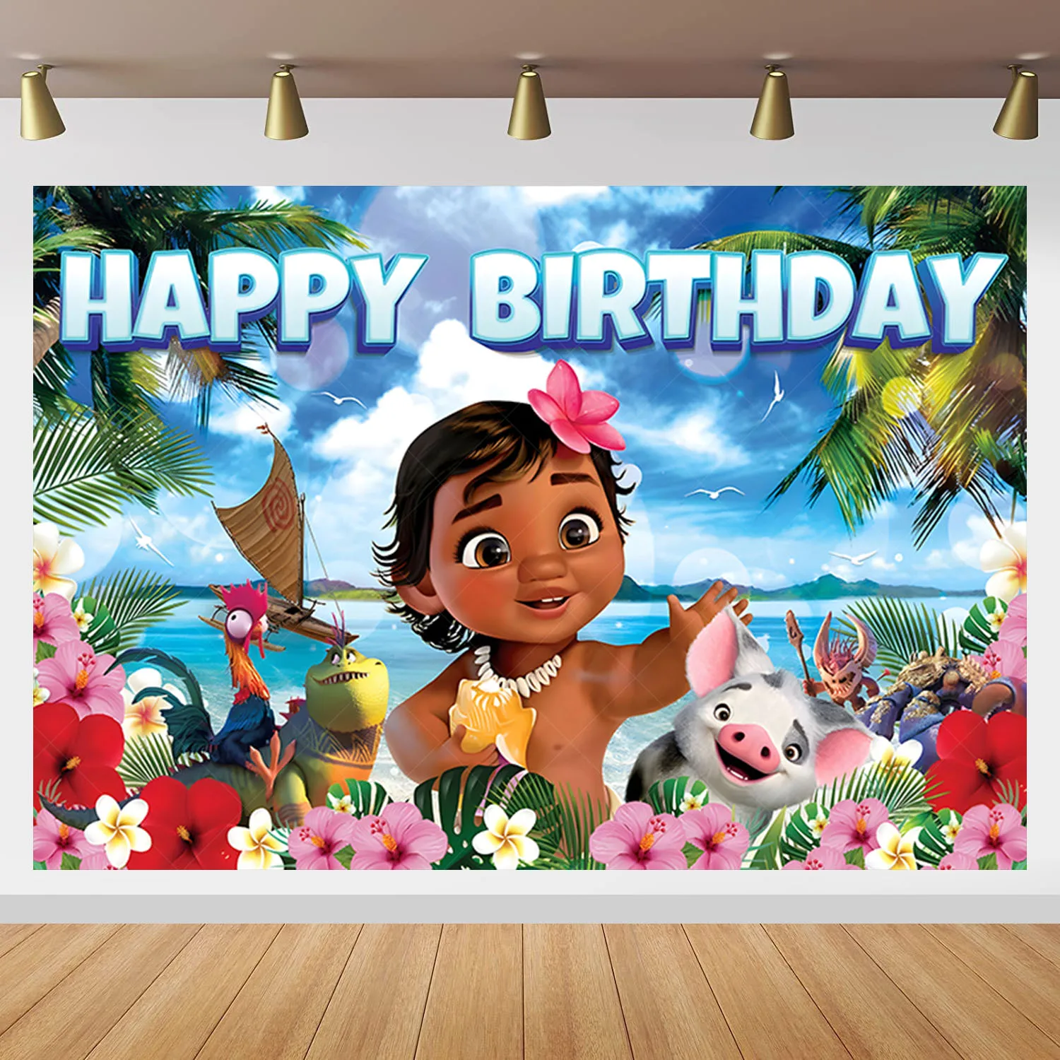 

Disney Moana Backdrop Kids Birthday Decoration Background Blue Ocean Waves Vinyl Polyester Photography Decor Props