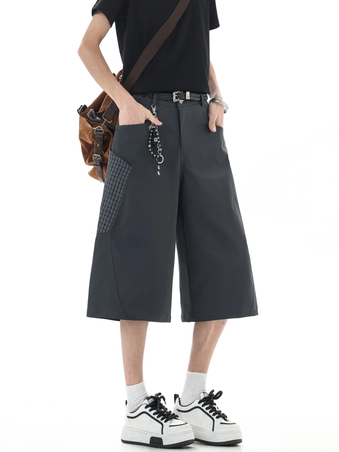 

American Style 3D A-Line Wide Leg Seven-Foot Men's Summer Trendy Splicing Large Pocket Design Workwear Shorts Casual Pants