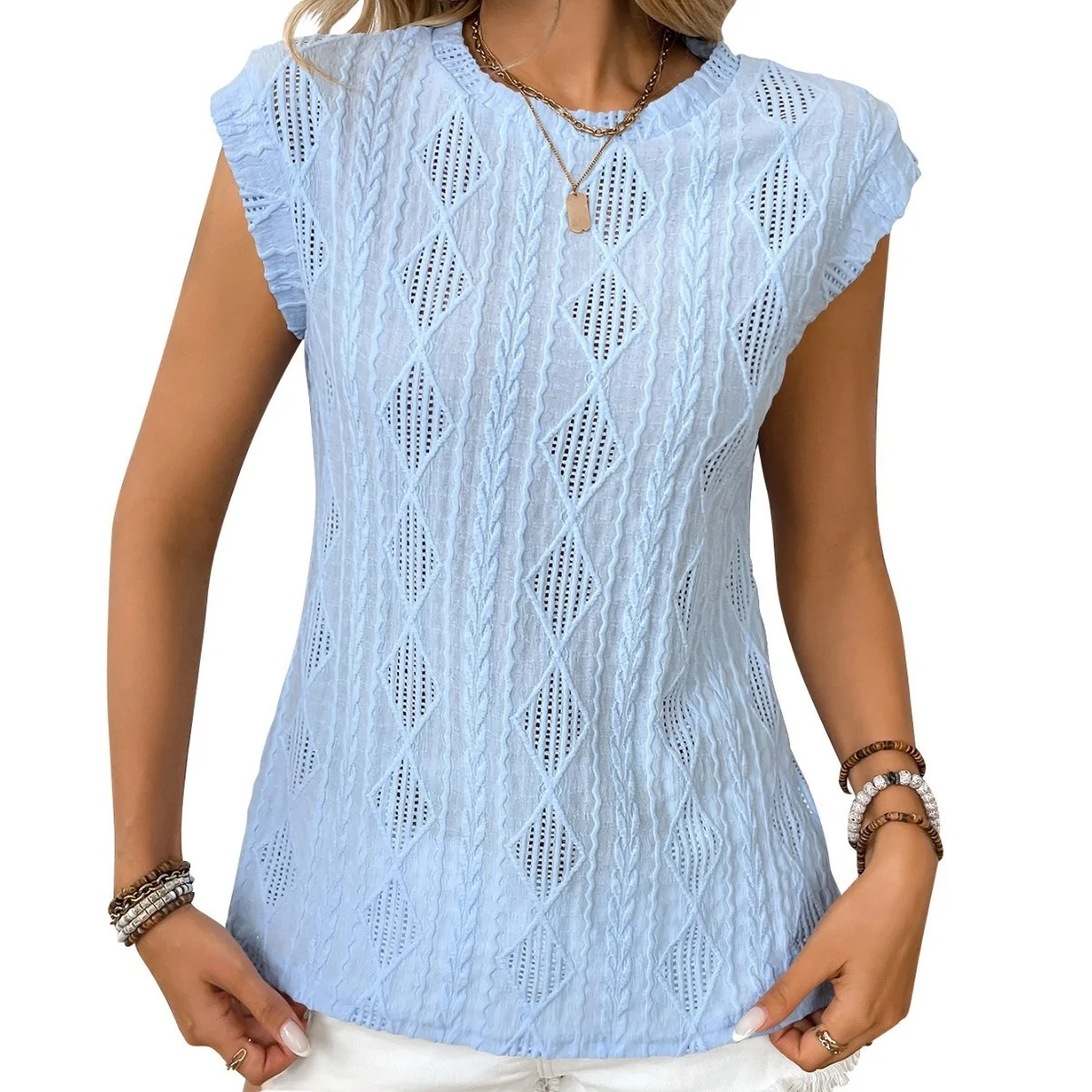 T-shirt ample rond Ne Jacquard ort Sve pour femme, coupe propre, Version H, matériau en lin d'hiver d'âge moyen, autres matériaux, 2025