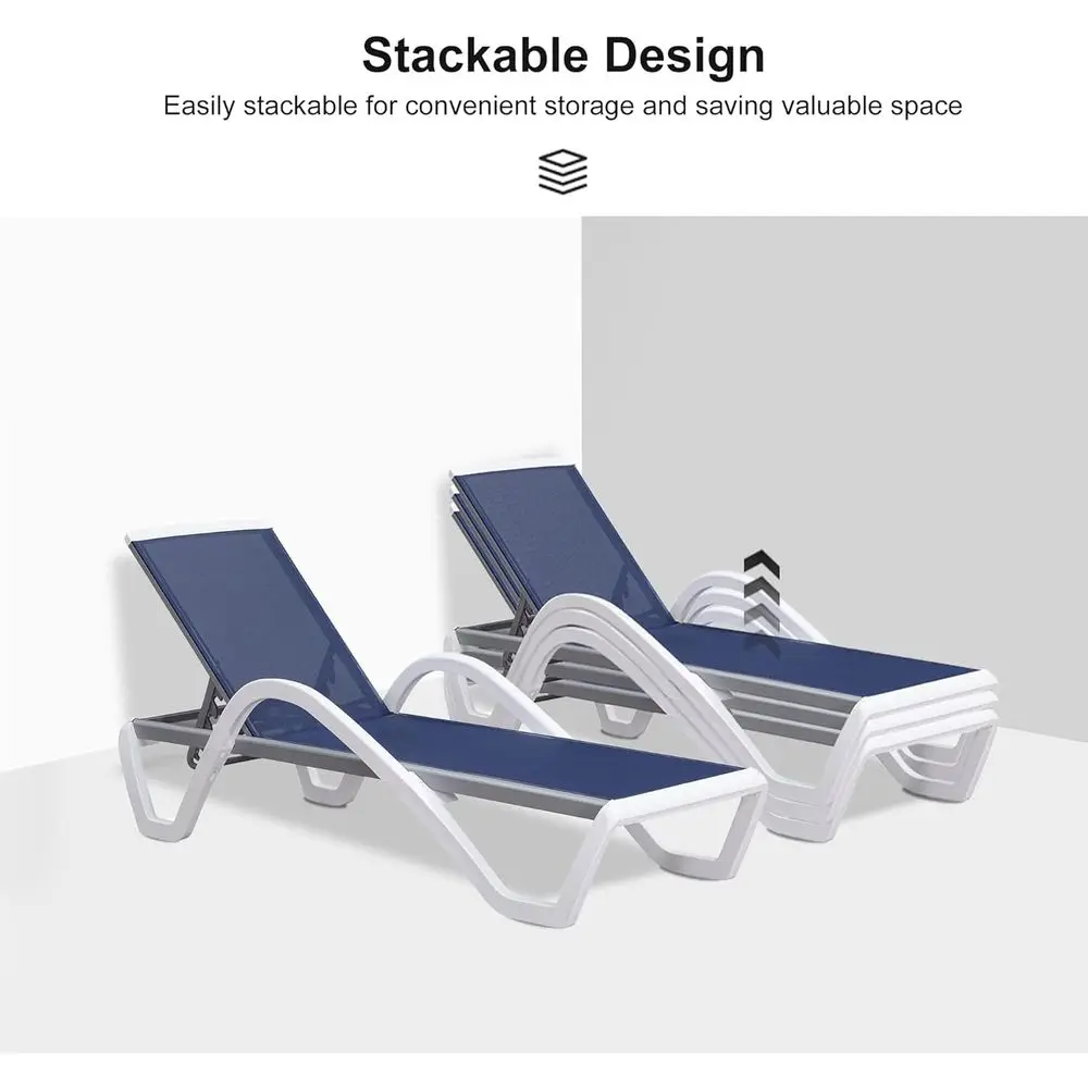 3-Piece Outdoor Stackable Patio Chaise Lounge Set with Side Table, Navy Blue