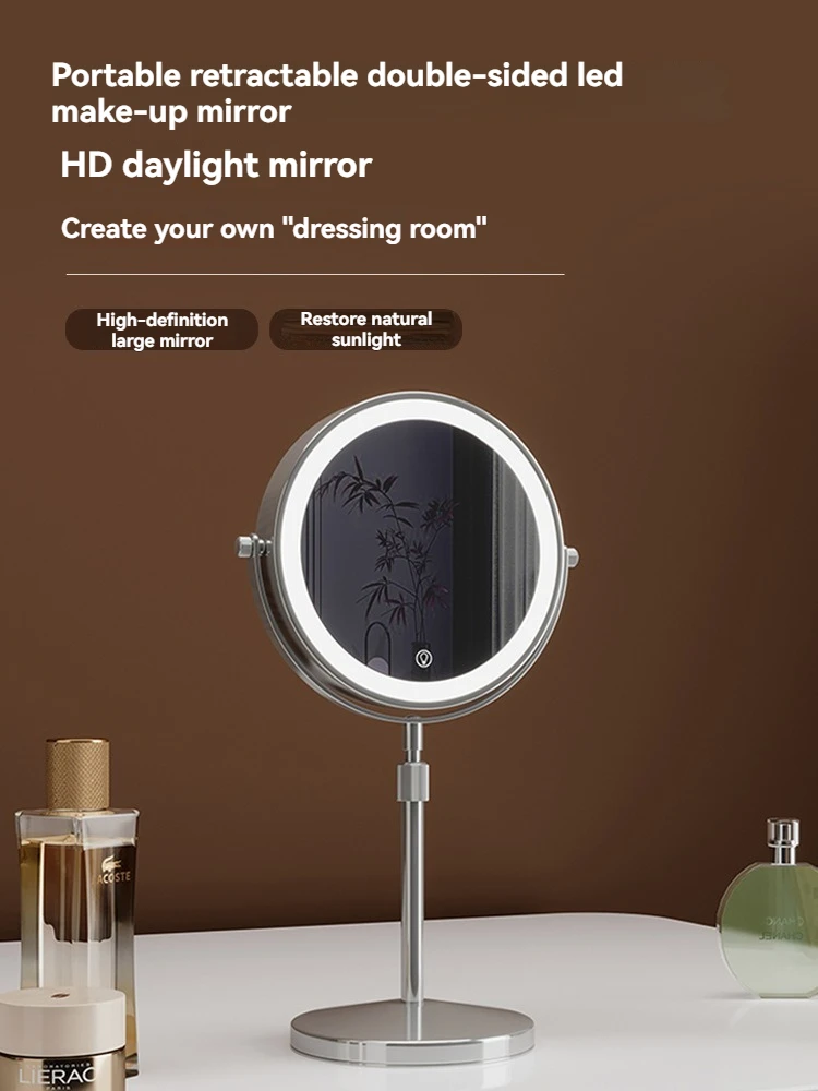 高さ調節可能な両面ミラー、上下に反転する伸縮式ミラー、LEDライト付きデスクトップ、拡大鏡付き化粧鏡、ポ