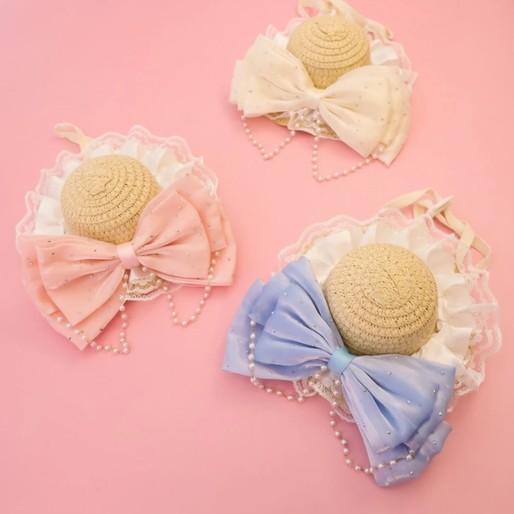 Sombrero de paja ajustable para gatos y perros pequeños con lazo perlas - imagen 4