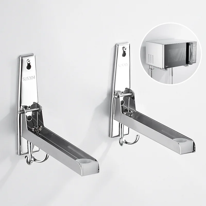 

Universal Stainless Steel Microwave Oven Wall Mount Bracket with Removable Hooks, Arm Adjustable Foldable Kitchen Stretch