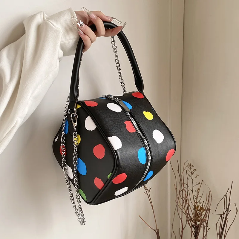 

Polka Dot Women's Bag 2024 New Printing Fashion Square Handbag Luxury Party Chain Leather Unique Personality Female Shoulder Bag