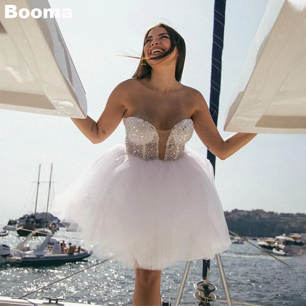 

Booma Sequined Short Wedding Dresses Sweetheart Tulle Mini Brides Party Dress for Women A-Line Simple Bridals Prom Gowns Bespoke