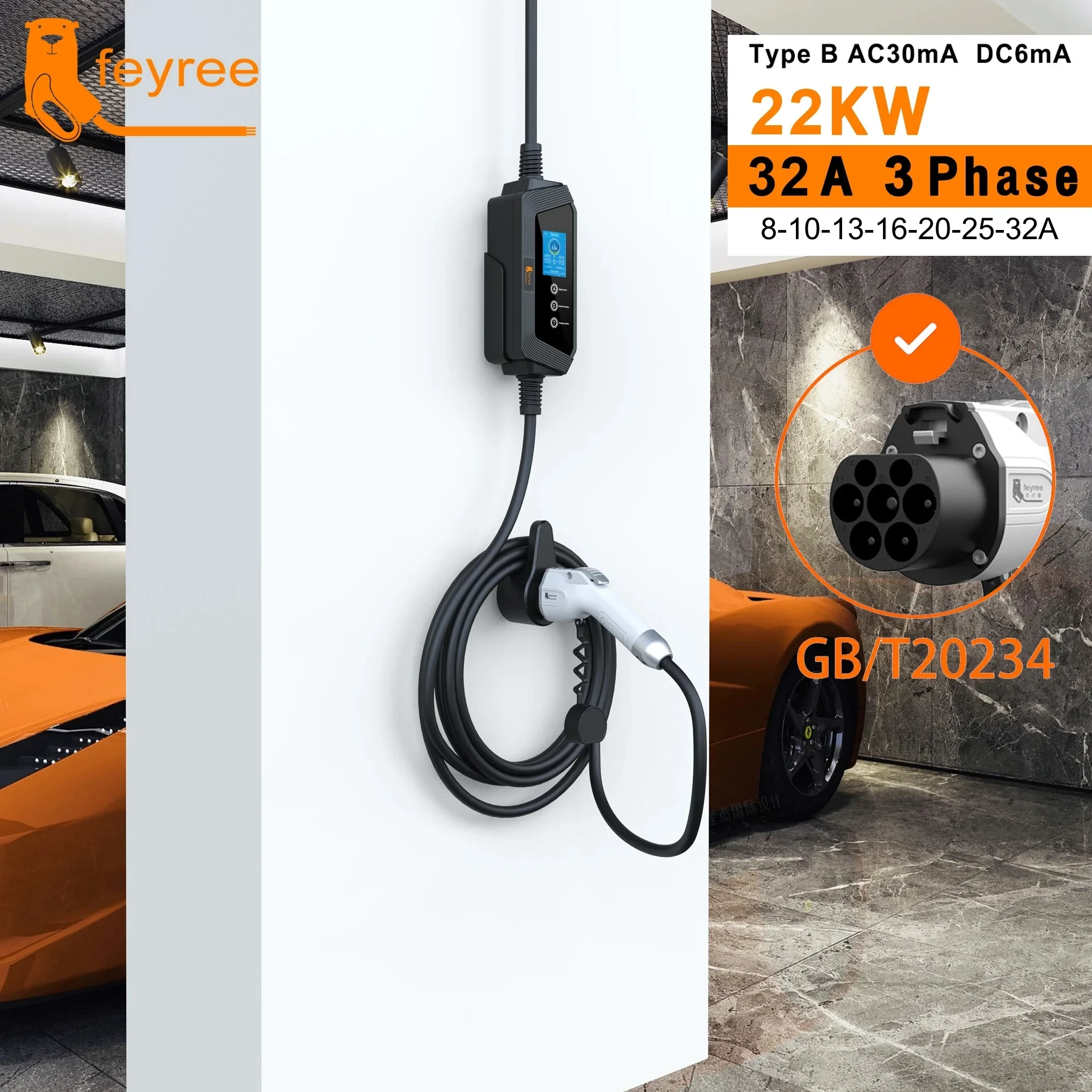 feyree 22KW 32A 3Phase Portable EV Charger GBT Socket Fast Charging Current Adjustable for Electric Car Charger Charging Station