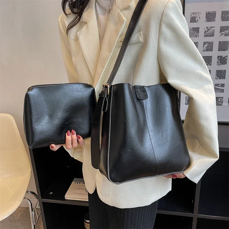 Retro Shoulder Tote Bag Set For Women 2024 Wide Strap Soft PU Leather Crossbody Bags With Small Purse Large Capacity Bucket bag