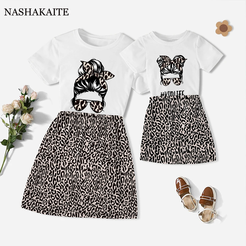 

Mum And Daughter Clothes Character text print T-shirt + leopard print skirt Mommy And Me Summer Family Matching outfits