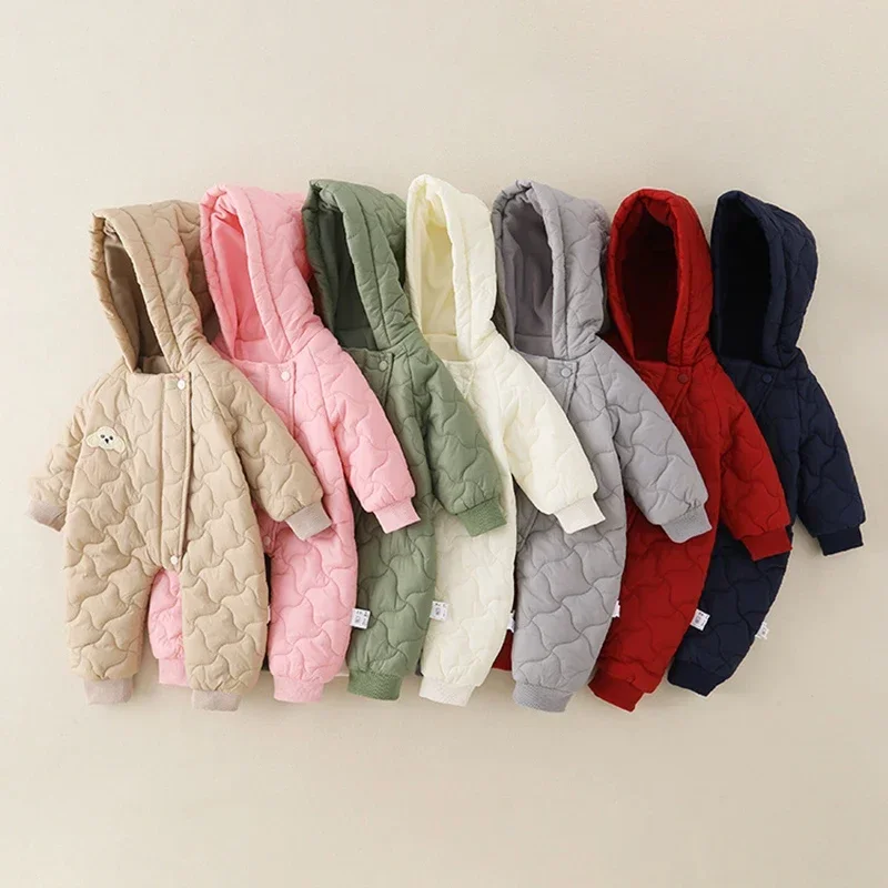 

Осень-зима, новая одежда для малышей, От 0 до 3 лет, утепленный хлопковый комбинезон с капюшоном и подкладкой для маленьких мальчиков и девочек, теплый цельный наряд