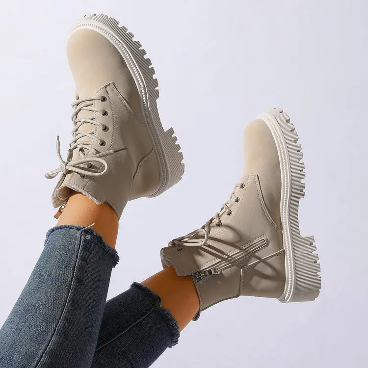 Women's 2026 New Fashion Lace-up Design Thick-soled Short Boots in Autumnwinter Solid Color Plus Velvet Warm Non-slip Bare Boots