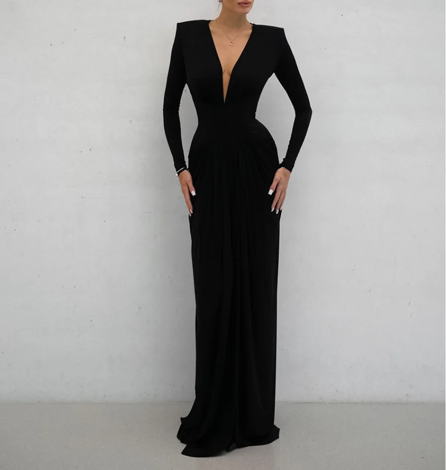 

Sexy Deep V-Neck Slim-Fitting Contrast-Colored Dress, Long-Sleeved Fashionable and Elegant Evening Gown