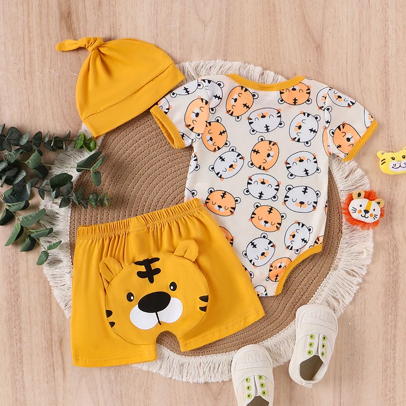 

Tregren 0-18M Infant Newborn Baby Boys Summer Outfits Short Sleeve Tiger Print Romper Solid Color Shorts Hat 3pcs Clothes Sets