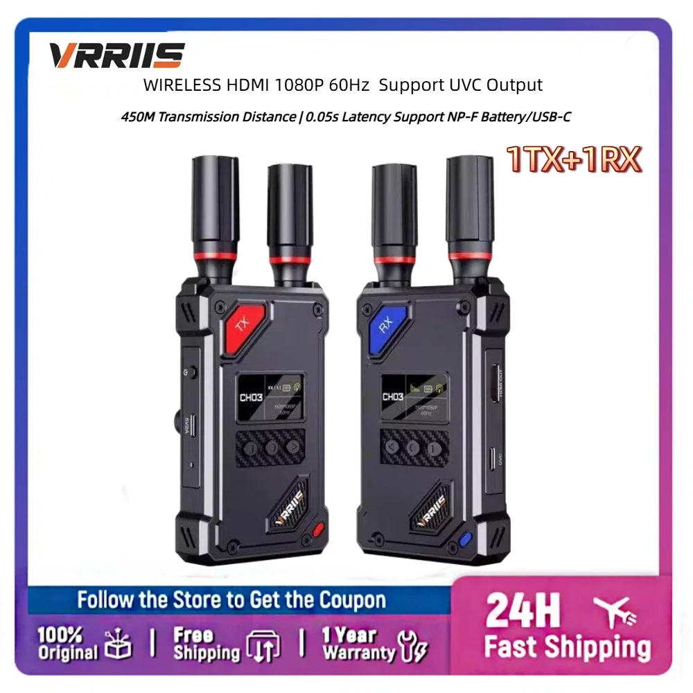 VRRIIS WL087 Wireless HDMI Transmission System 450M Distance Low Latency UVC 1TX1RX for Live Streaming Camera Camcorder Meeting