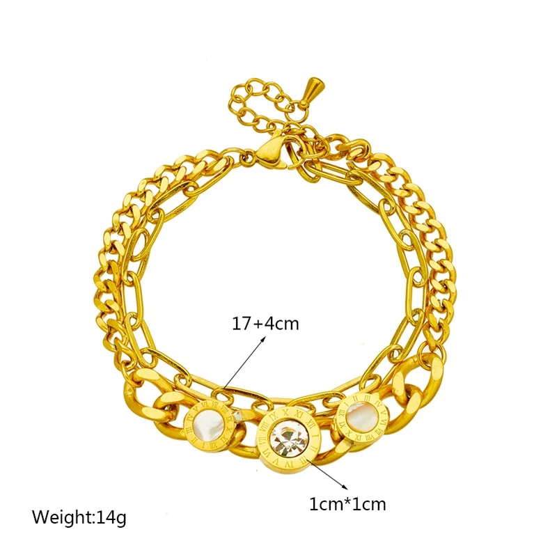 LAMENGLY 316L Stainless Steel 2-Layer Roman Numeral Dial Zircon Bracelet for Women Classic Girls Thick Chain Punk Jewelry Gifts