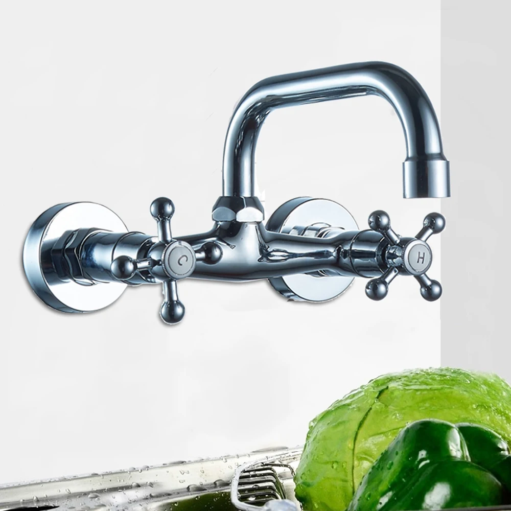 Classic Basin Faucet Rotatable Bathroom Tap Double Handle Mixer Faucet Sink Kitchen Tap Wall Mounted Chrome