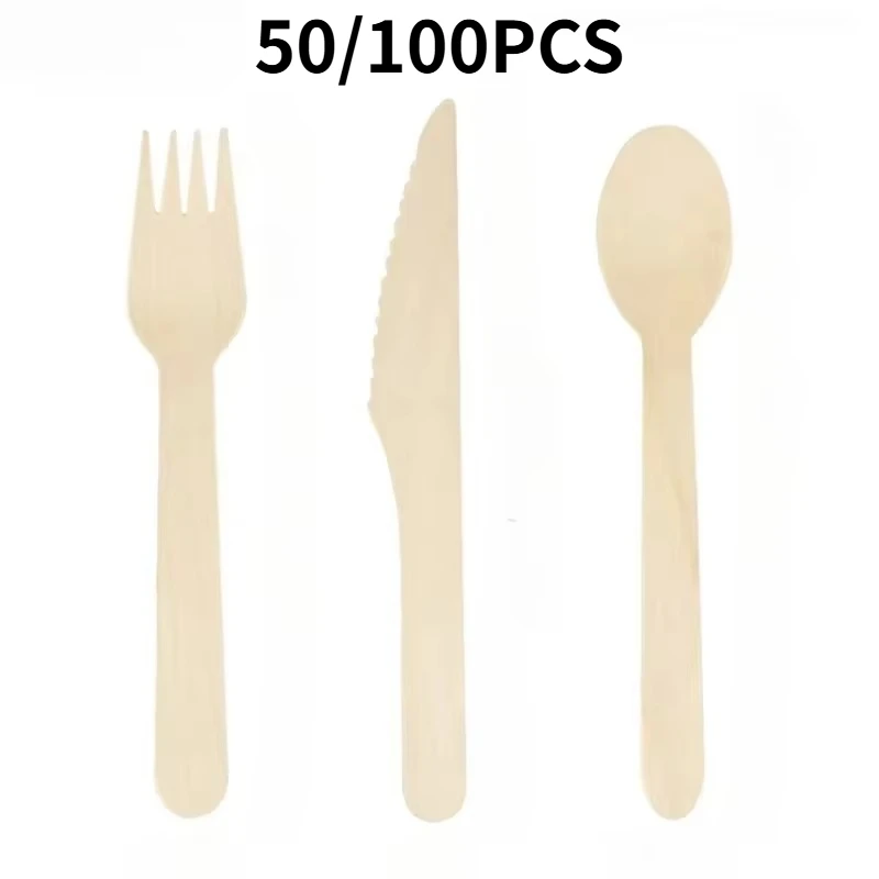 50/100PCS Disposable Wooden Cutlery Set Spoon Fork Knife Combo for Cake Ice Cream, Wedding Birthday & Festival Party Use