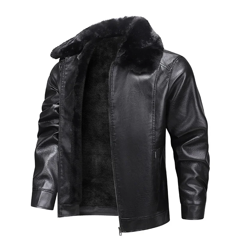 

Thickened Fleece Warm Men's Leather Jackets Fur Collar Waterproof Windproof Coat Business Collar Winter Outerwear Leather Jacket