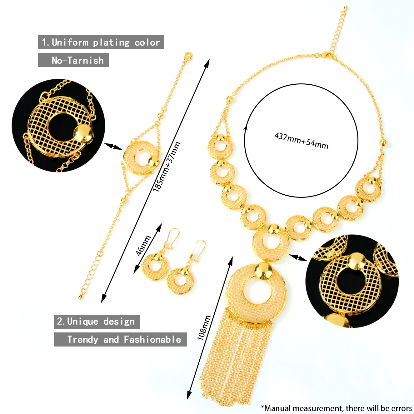 Äthiopisches Brautschmuck-Set 24k Vergoldet Algerische Quasten-Halskette Armband Ohrringe Arabischer Vintage Abaya-Schmuck – Detail 4