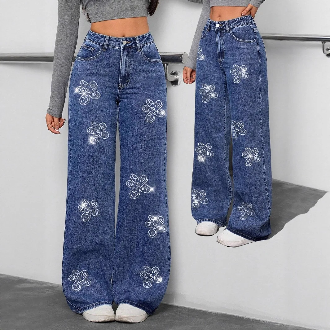 Women Floral Diamond Studded Loose Straight Simple Basic Casual Floor Length Jeans Pants Four Seasons European Denim Trousers