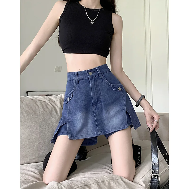 통근자 성격 불규칙한 데님 짧은 스커트 여성용, 여름 한국 디자인 센스, 하이 웨이스트 슬림 힙 랩 A 라인 반바지
