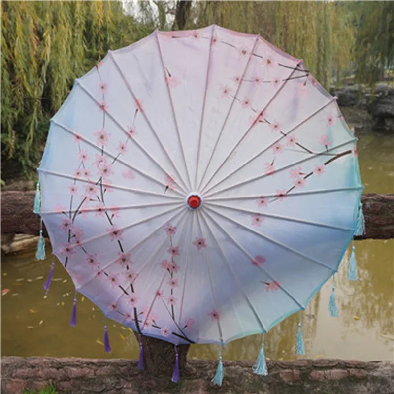 Satin Cloth Umbrella, Women's Photography Props Chinese Knot Pendant Tassel Gauze Classical Oil Paper Umbrella Parasol, 1Pc