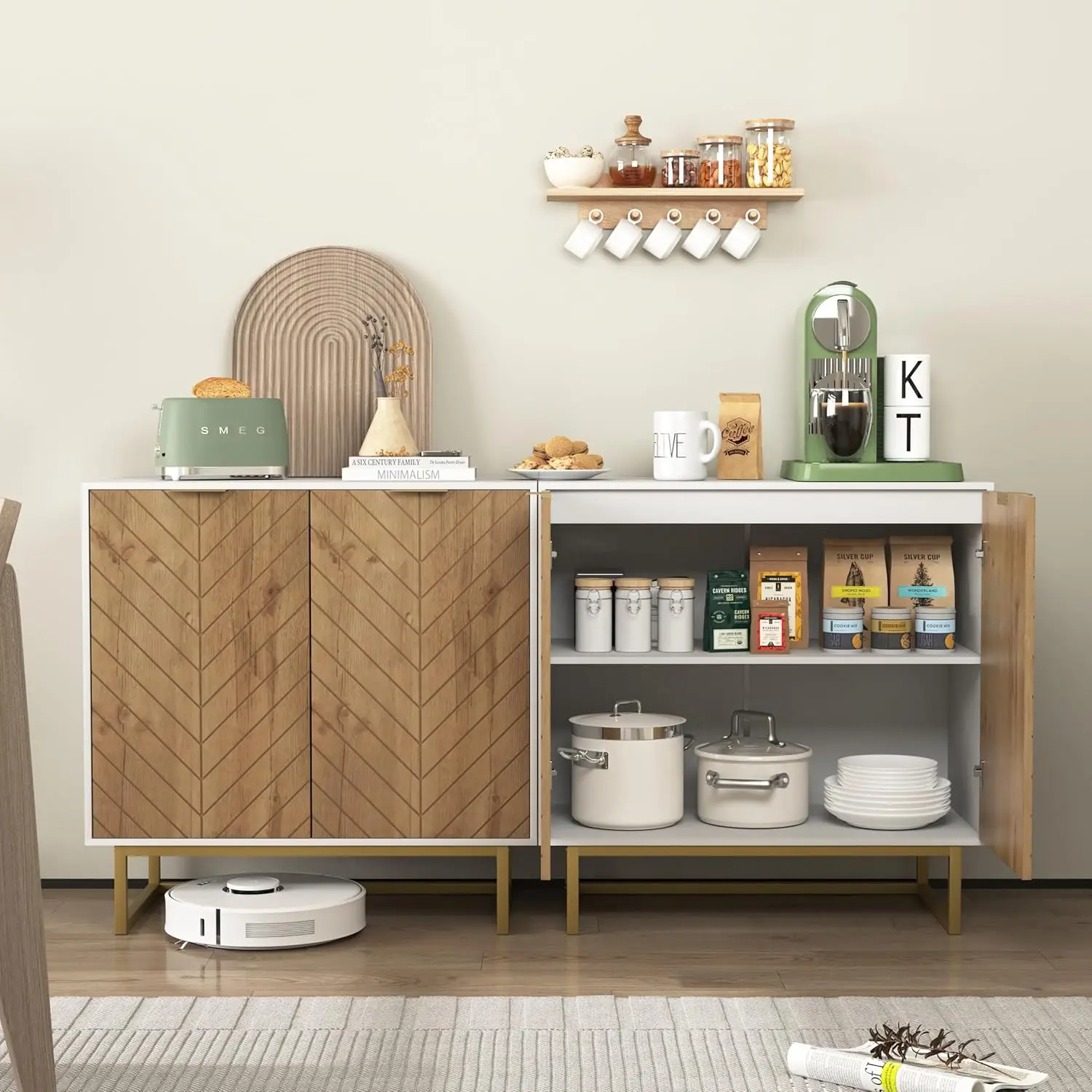 Set Of 2 Storage Cabinets With Doors, White Sideboard Buffet Cabinet, Kitchen Cabinet With Storage, Free Standing Coffee Bar,