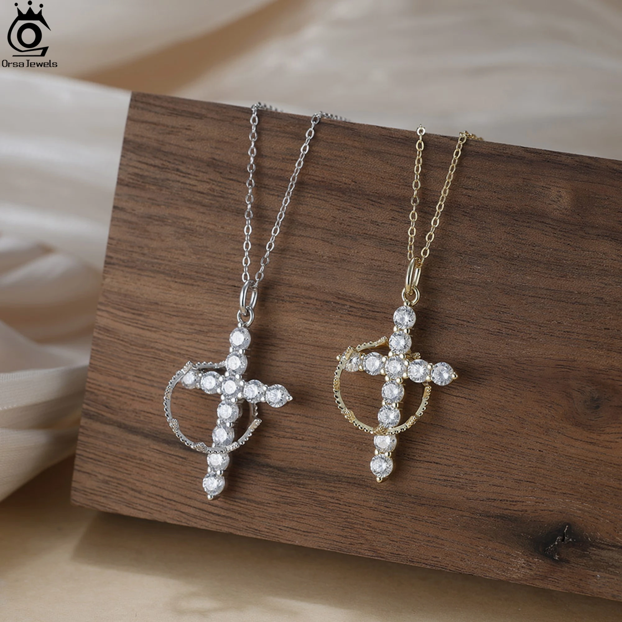 

ORSA JEWELS 925 Sterling Silver Dainty Cross Pendant Necklace With Round Zirconia Ornament Crown Design Cable Chain Gift SAPN52