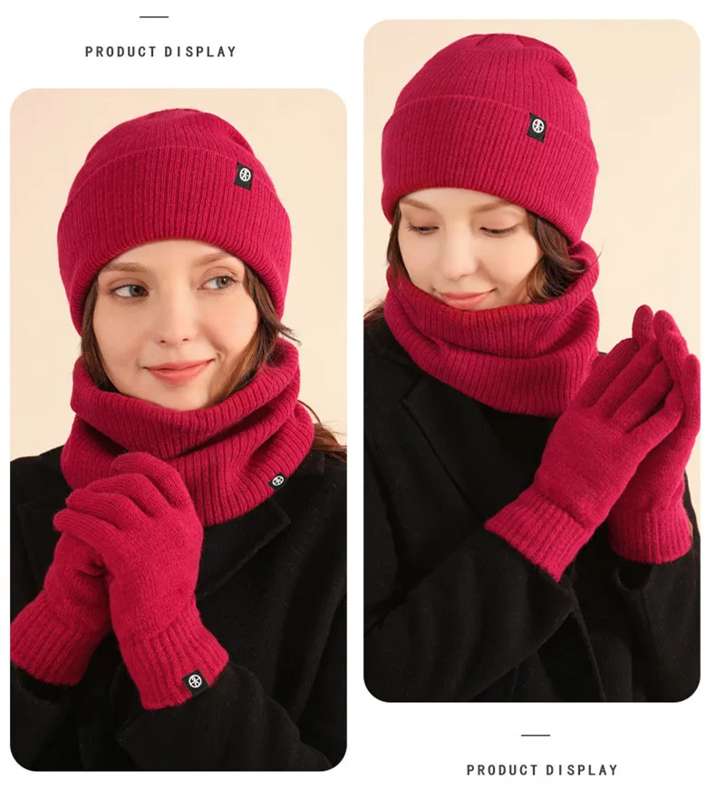 Autumn Winter Outdoor Warm Wool Hat Scarf Gloves 3 Pieces Suit Windproof Adult Knitted Muffler Hats and Caps for Men Women