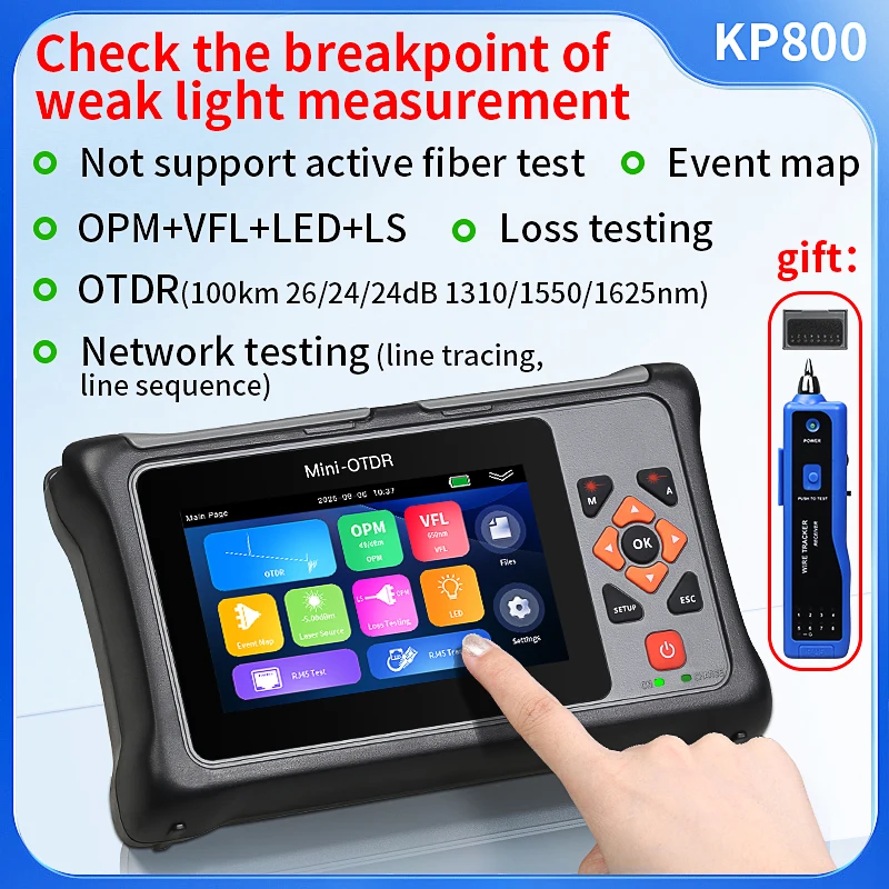 

Mini-OTDR KP800 100 км 26/24 дБ 1310/1550/1625 нм оптоволоконный рефлектометр для тестирования потерь оптического во временной области с OPM VFL LED LS