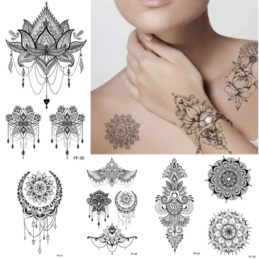 Girls Colorful Women Lotus Rose Arm Flowers Custom Mandala Temporary Tattoo Stickers Waterproof Body Art Fake Tattoos