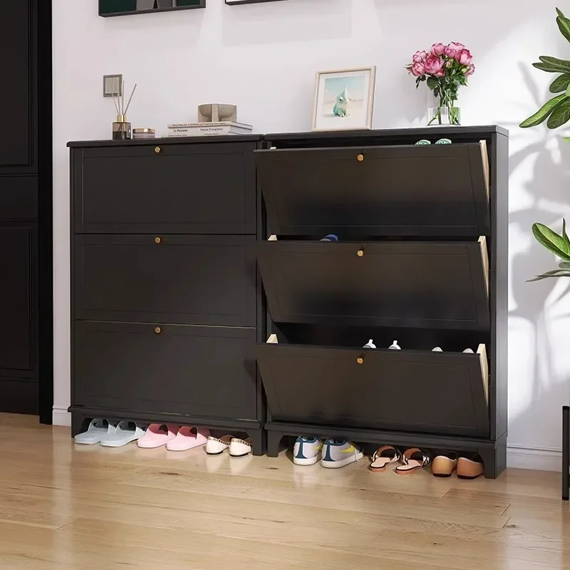 Shoe cabinet light luxury black ultra-thin tipping bucket household door solid wood entrance cabinet