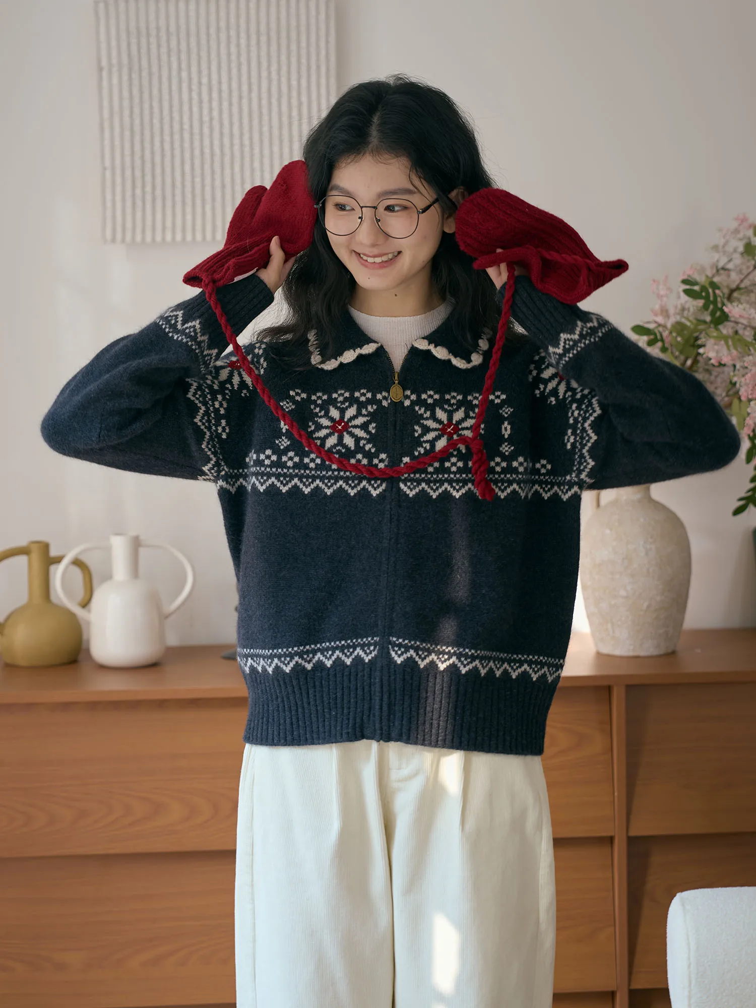 

Bruland "Fur Snow Poem" Fair Isle Knitted Cardigan Zipper Doll Collar Sweater Outerwear Thiened Long Sve Winter Coat