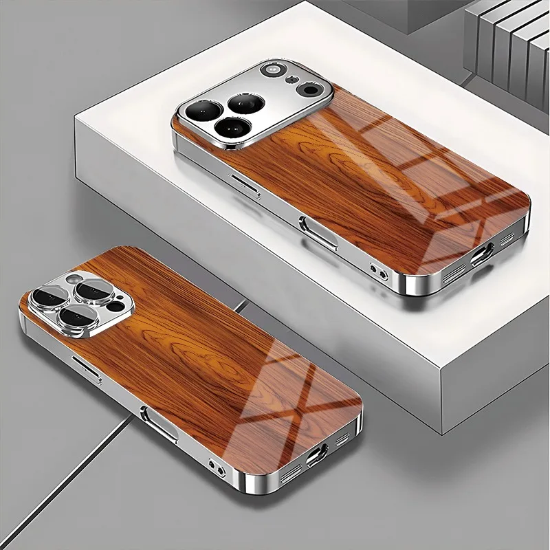 Solid Wood Texture Pattern Tempered Glass Phone Case For iPhone 18 17 16 15 14 13 12 11 Pro Max Plus 17 Air Electroplate Cover