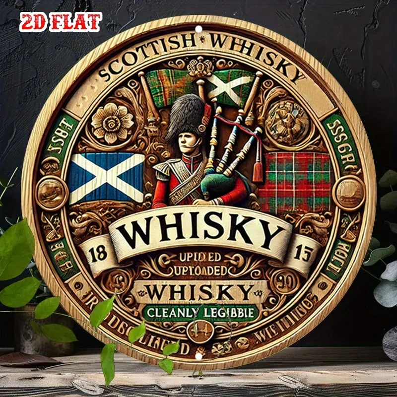 2D Flat - Round Aluminum Sign Featuring a Tartan Plaid Design,This Rustic Metal Wall Art Is Perfect for Decorating Your Home