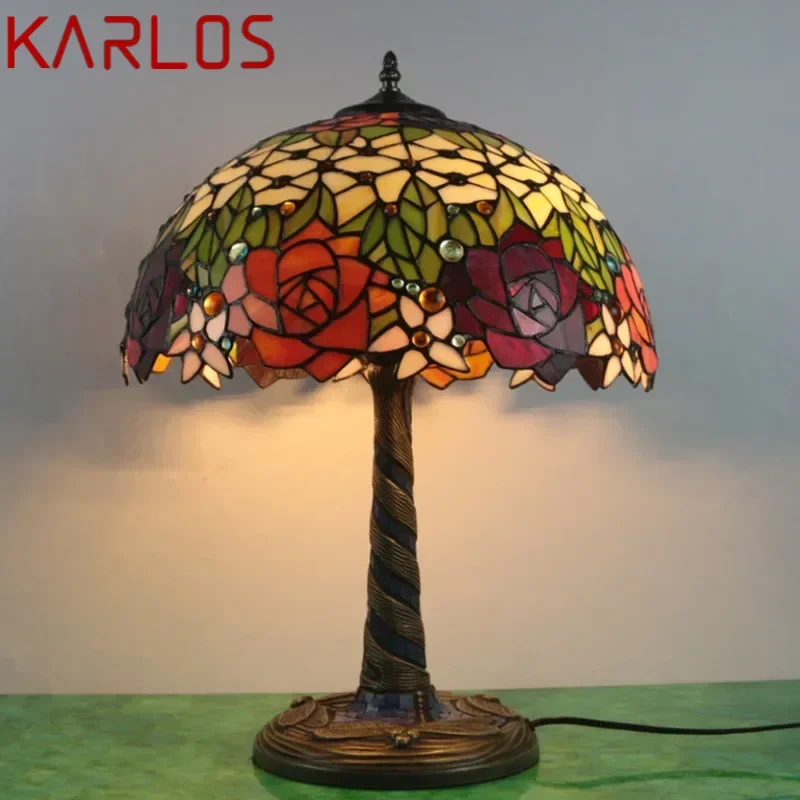 

KARLOS Тиффани стеклянная настольная лампа светодиодный креативный ретро цветы настольный светильник модный декор для дома гостиная спальня прикроватная тумбочка