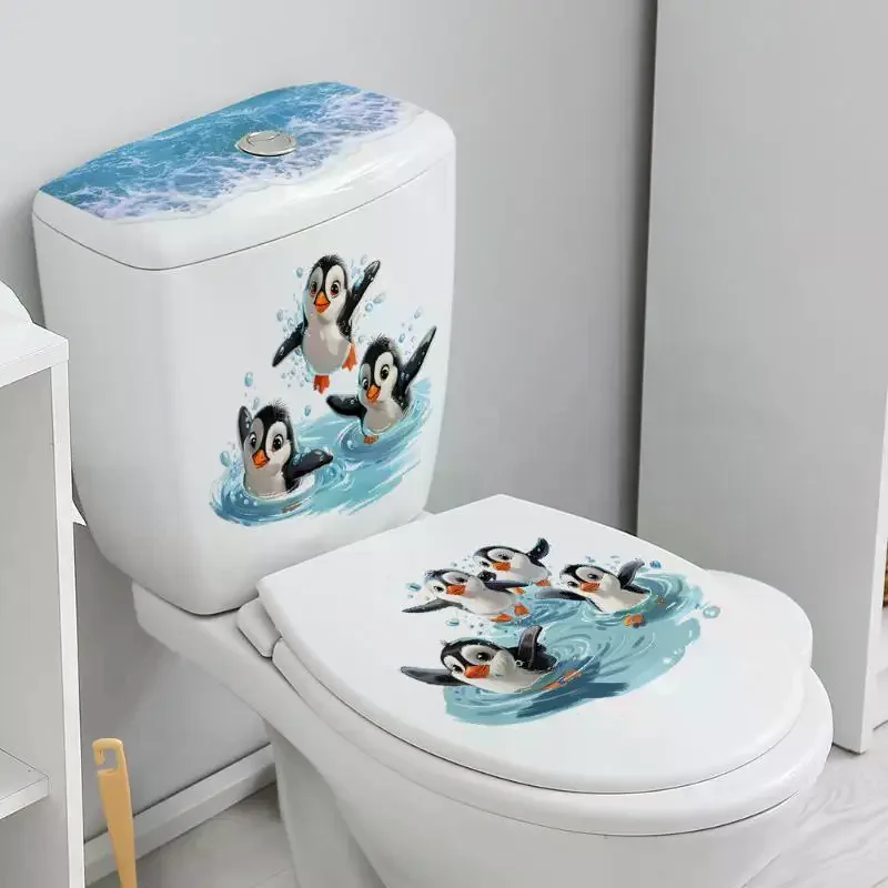 Cute Cartoon Fun Penguins Ocean Wave Toilet Seat Stickers For Kids Bathroom Home Decoration