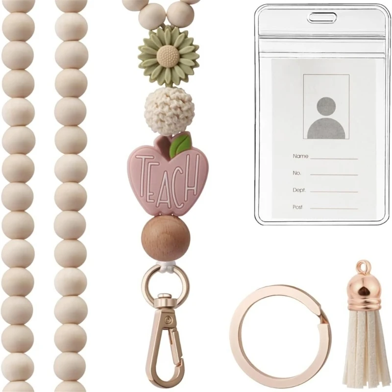 

R53C Card Holder and Beaded Lanyard Set Beads Neck Strap Lanyard with Clip Tassels Charm and Keyring Hoop