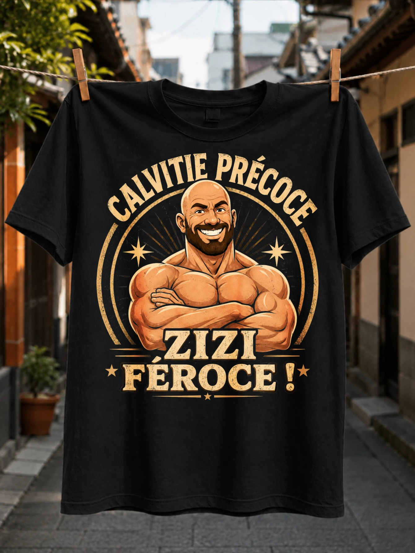 T-shirt unisexe avec inscription Calvitie Precoce Zizi Feroce, représentant un homme chauve musclé souriant, dans un style humoristique français vintage.