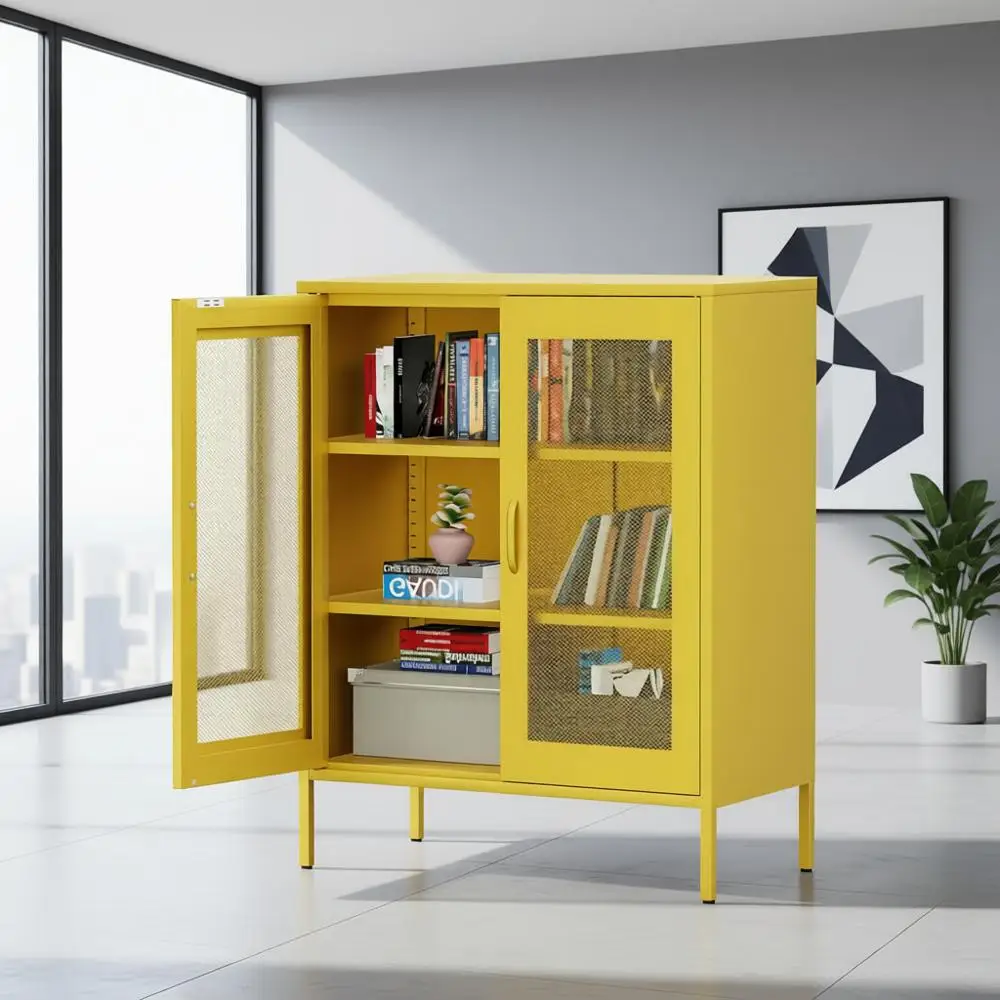 خزانة معدنية ذات رف قابل للتعديل مع بابين شبكيين، أصفر، لتخزين المنزل والمكتب (ارتفاع 40) #1