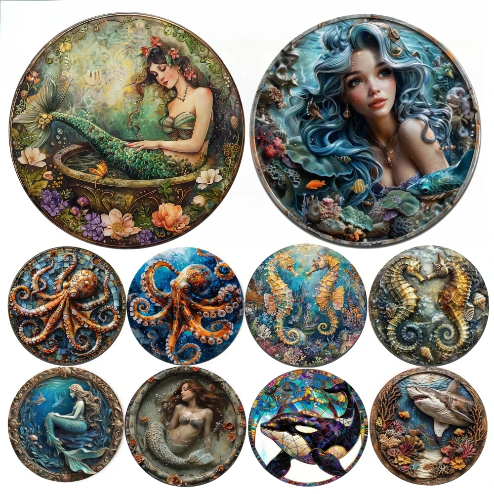 3D Round Metal Aluminum Sign Art Ocean Mermaid Decorative Plates Entrance Gift Mask Theme For Bar Club Home Room Wall Decor