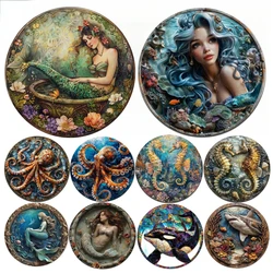 3D Round Metal Aluminum Sign Art Ocean Mermaid Decorative Plates Entrance Gift Mask Theme For Bar Club Home Room Wall Decor