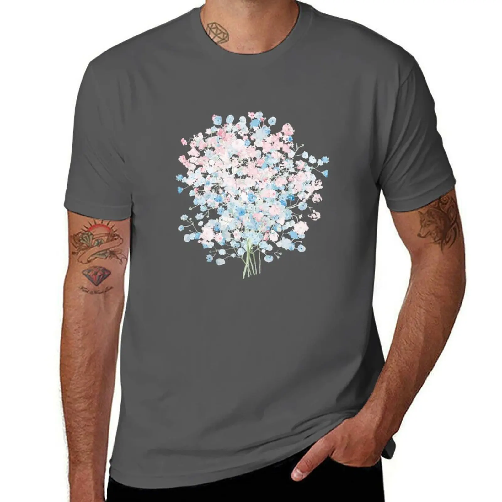 

light pink and blue Baby Breath Bouquet gypsophila watercolor painting T-Shirt Regular Fit Plain Tee Shirt