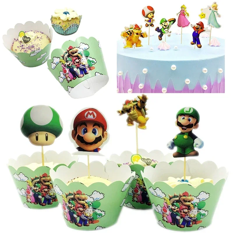 Toppers de gâteau Super Mario Chi pour enfants, drapeaux d'anime, décoration pour garçons, fournitures de fête d'anniversaire, dessin animé, cadeau de révélation de douche de bébé